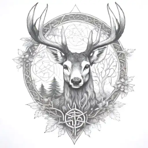 celtic deer head with trees tattoo design idea