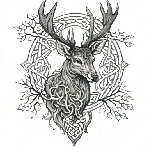 celtic deer head with trees tattoo design idea