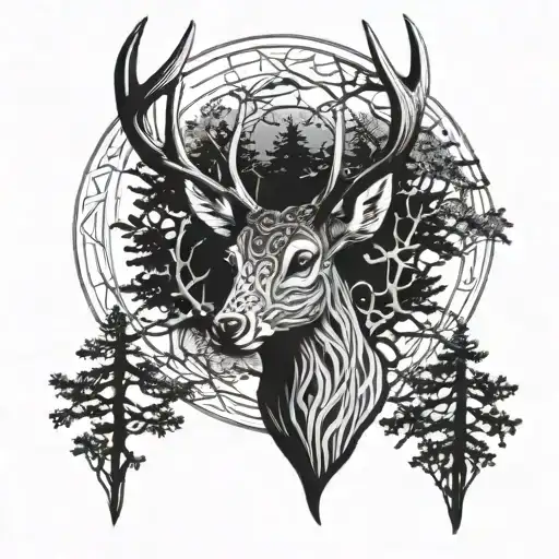 celtic deer head with trees tattoo design idea