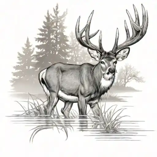  realistic whitetail buck standing by pond and trees tattoo design idea