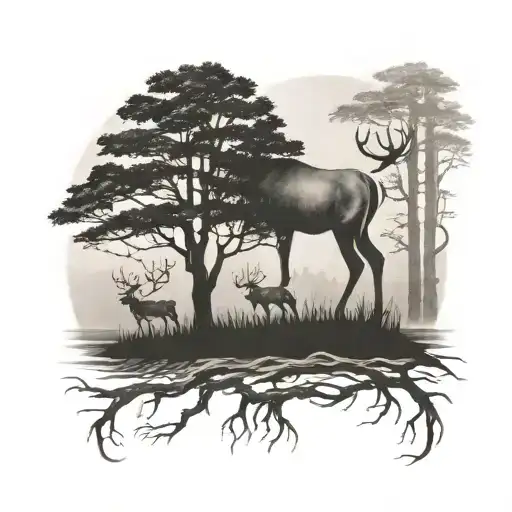 faded black arm band into buck with trees around it  tattoo design idea