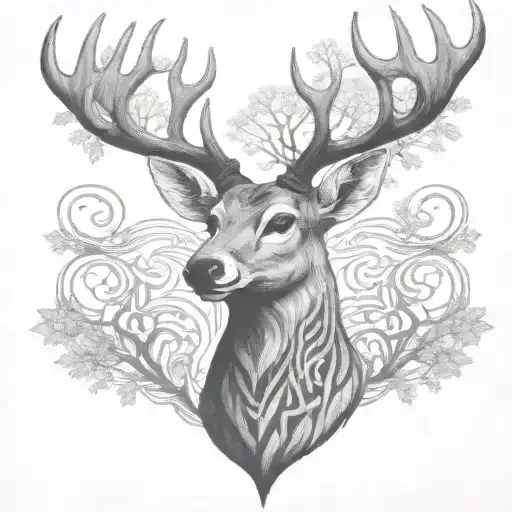 celtic deer head with trees tattoo design idea