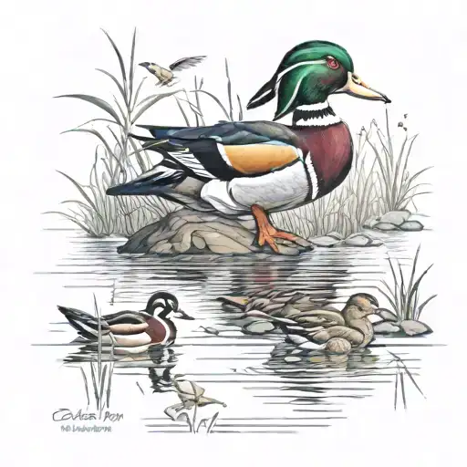 male wood duck and mallards on lake tattoo design idea