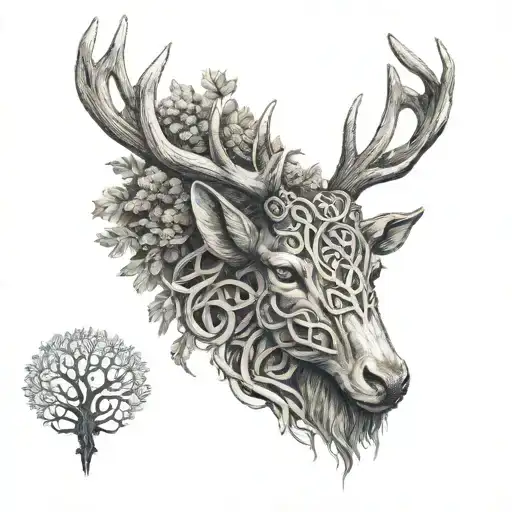 celtic deer head with trees tattoo design idea