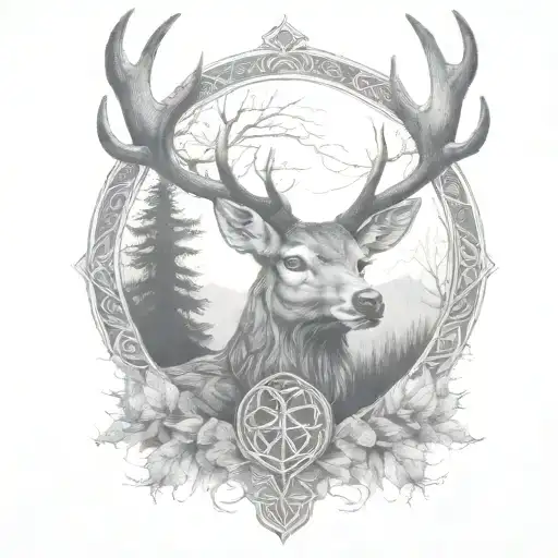 celtic deer head with trees tattoo design idea