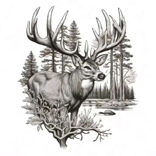whitetail buck in woods tattoo design idea