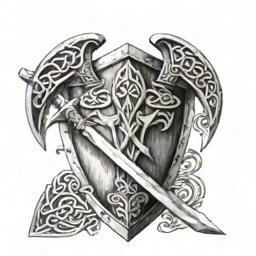 celtic battle axes and shield tattoo design idea
