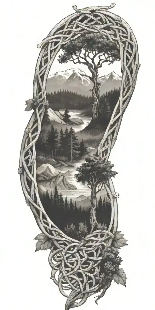 celtic knot with trees mountains  tattoo design idea