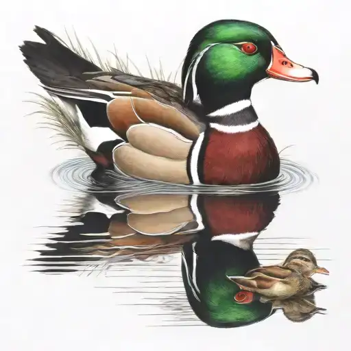 male wood duck and mallards on lake tattoo design idea