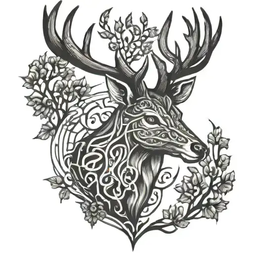 celtic deer head with trees tattoo design idea