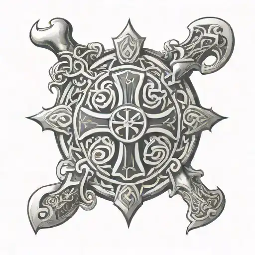 oval celtic shield and cross axes tattoo design idea