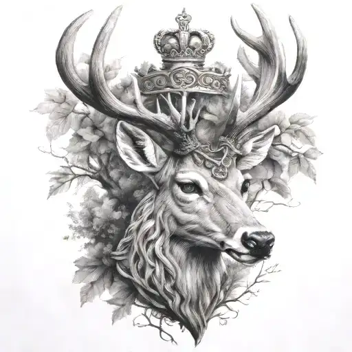 celtic deer head with crown and trees tattoo design idea