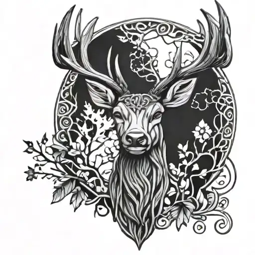 celtic deer head with trees tattoo design idea