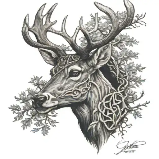celtic deer head with trees tattoo design idea