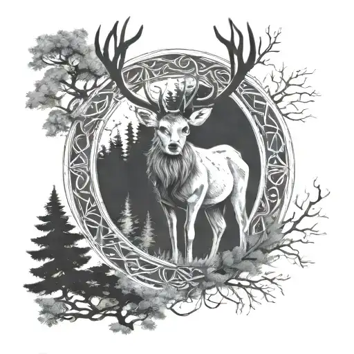 celtic deer head with trees tattoo design idea