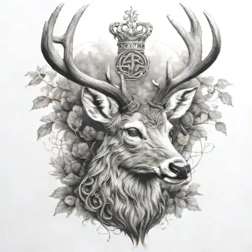 celtic deer head wearing crown with trees tattoo design idea