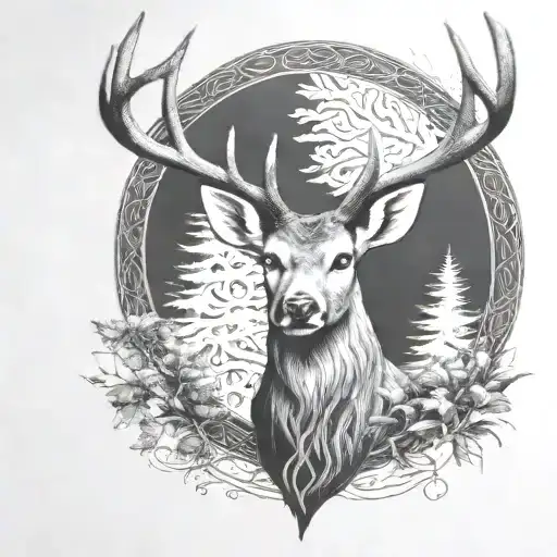 celtic deer head with trees tattoo design idea