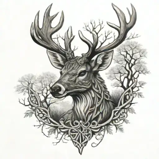 celtic deer head with trees tattoo design idea