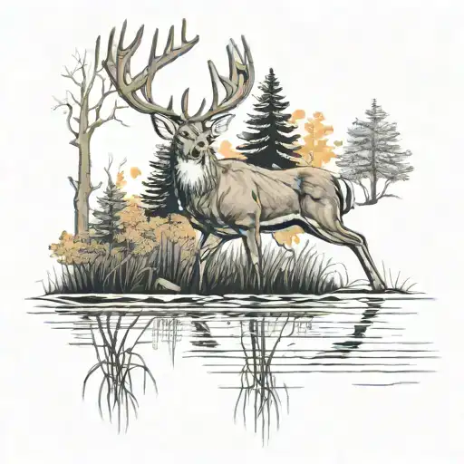  realistic whitetail buck standing ny pond and trees tattoo design idea