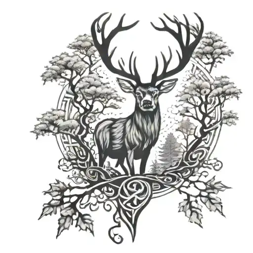 celtic deer head with trees tattoo design idea