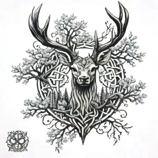 celtic deer head with trees tattoo design idea