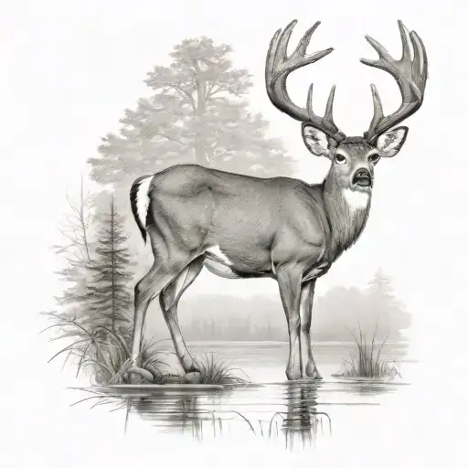  realistic whitetail buck standing by pond and trees tattoo design idea