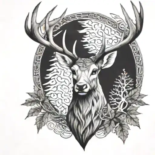 celtic deer head with trees tattoo design idea