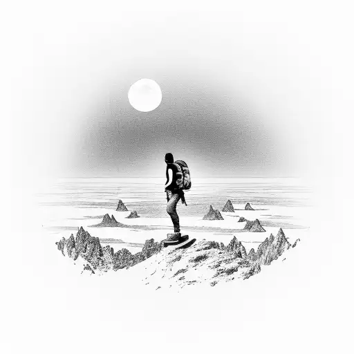 A silhouette of a hiker standing on a cliff edge overlooking a breathtaking sunset tattoo design idea