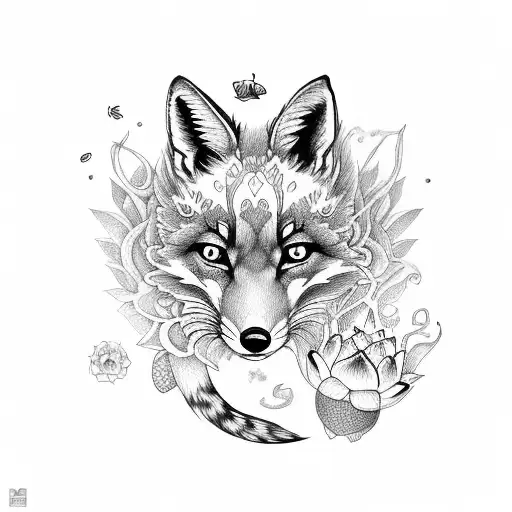 curled up fox, a bumblebee a dragon fly and a stylised lotus flower tattoo design idea