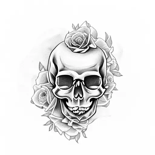 skull with roses and having written P_1307❤🥀 tattoo design idea