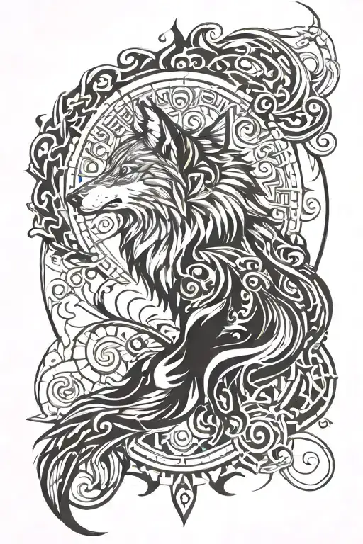 - **Main Composition**: In the center, a Wolf and a Nine-Tailed Fox tattoo design idea