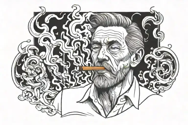 A portrait of Logan with a cigar in his mouth, surrounded by flames tattoo design idea