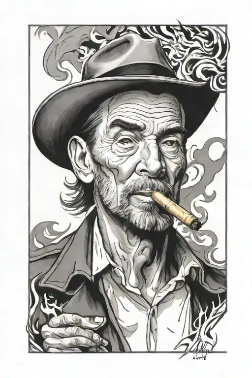 A portrait of Logan with a cigar in his mouth, surrounded by flames tattoo design idea