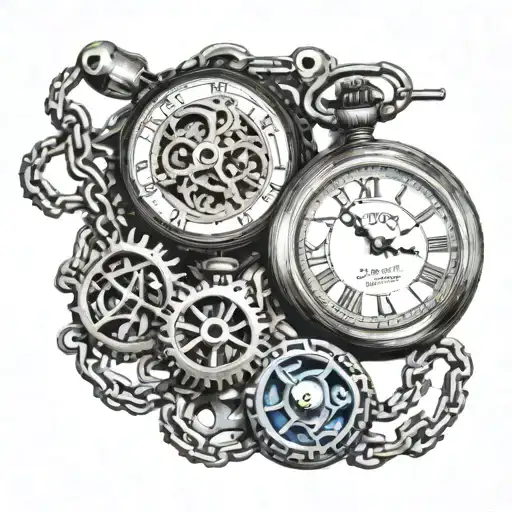 Incorporate a detailed bicycle chain winding around a vintage pocket watch, symbolizing the interconnectedness of time and movement tattoo design idea