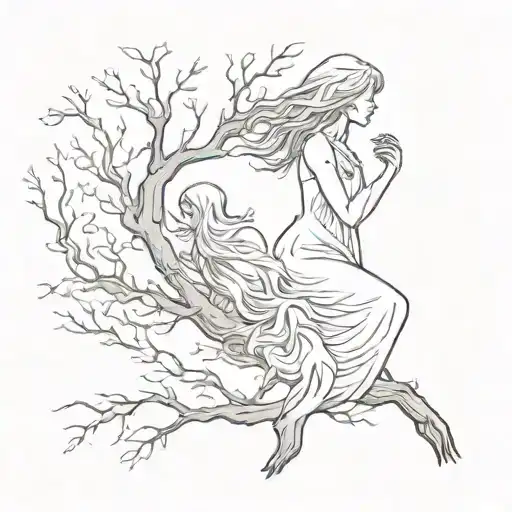 silhouette of a woman and a ghost sitting on a tree branch tattoo design idea