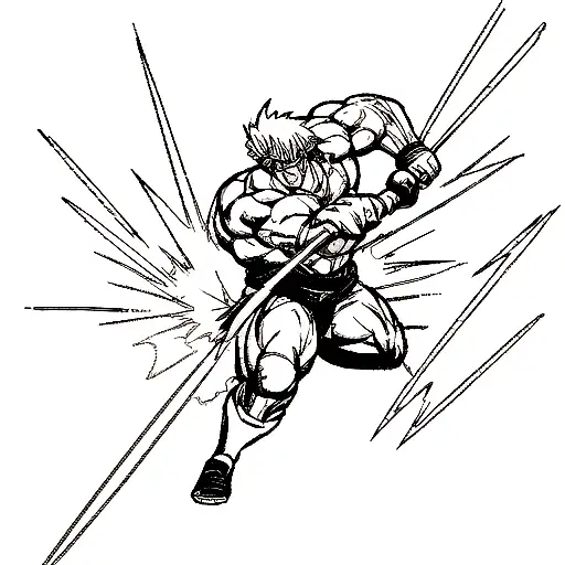 A muscular anime character wielding a lightning bolt as a weapon, surrounded by electric currents tattoo design idea