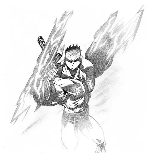 A muscular anime character wielding a lightning bolt as a weapon, surrounded by electric currents tattoo design idea