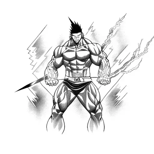 A muscular anime character wielding a lightning bolt as a weapon, surrounded by electric currents tattoo design idea