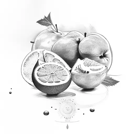 a fine line tattoo of a table with a full fruitbowl with grapes and grapefruit and apples, and with classes of wine next tattoo design idea