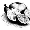 a fine line tattoo of a table with a full fruitbowl with grapes and grapefruit and apples, and with classes of wine next tattoo design idea