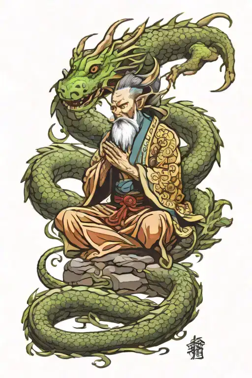 Water dragon Japanese taoist philosopher meditating tattoo design idea