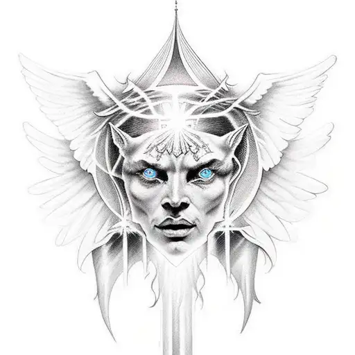 angels and demons with sun beams on the shoulder and neck tattoo design idea