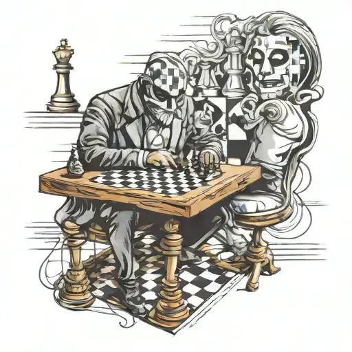 man in anonymous mask playing chess against illumanati tattoo design idea