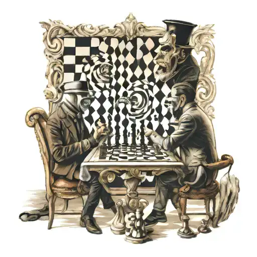 man in anonymous mask playing chess against man from the illumanati tattoo design idea