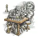 man in anonymous mask playing chess against illumanati tattoo design idea