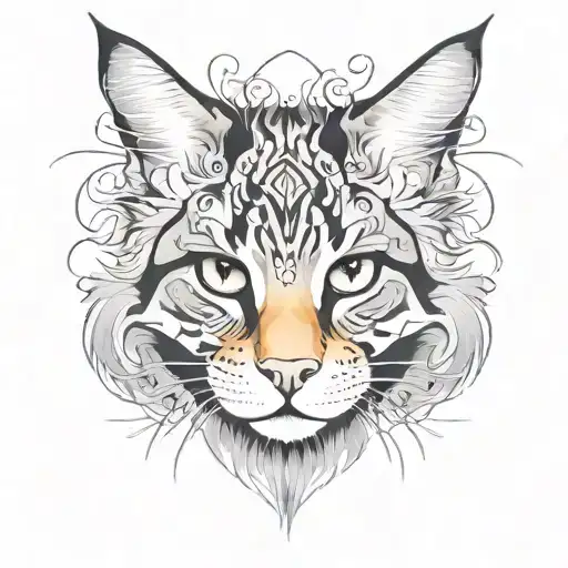 Abstract watercolor cat face split down the middle, black and white tattoo. One half of the face maine coon and the othe tattoo design idea