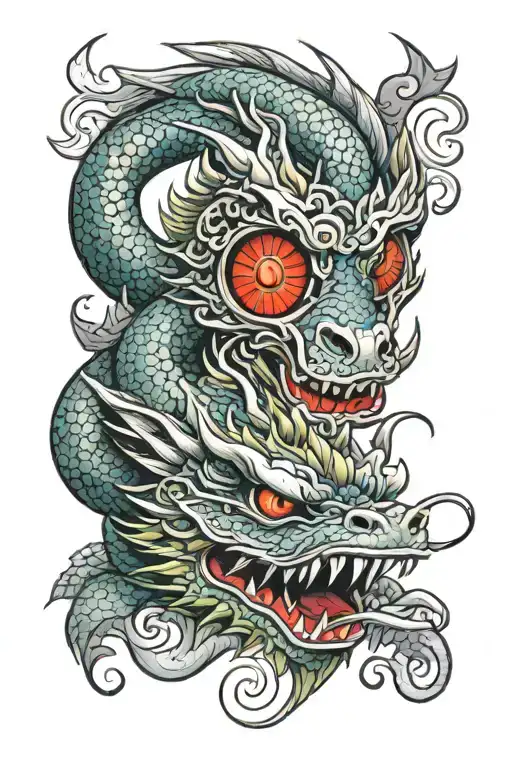 Dragon with woman eye looking tattoo design idea