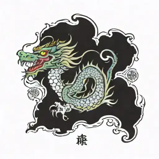 a chinese dragon or japenese with strengh,love, and peace written  in it. tattoo design idea