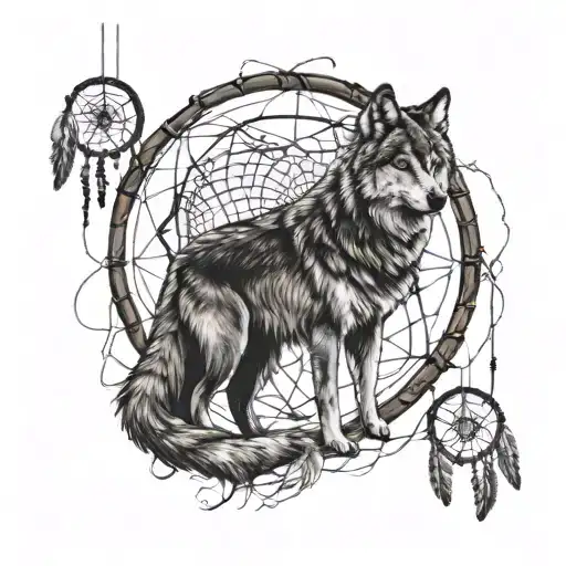 Adult Wolf with cub wolf With full moon background surrounded in dream catcher tattoo design idea