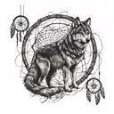 Adult Wolf with cub wolf With full moon background surrounded in dream catcher tattoo design idea